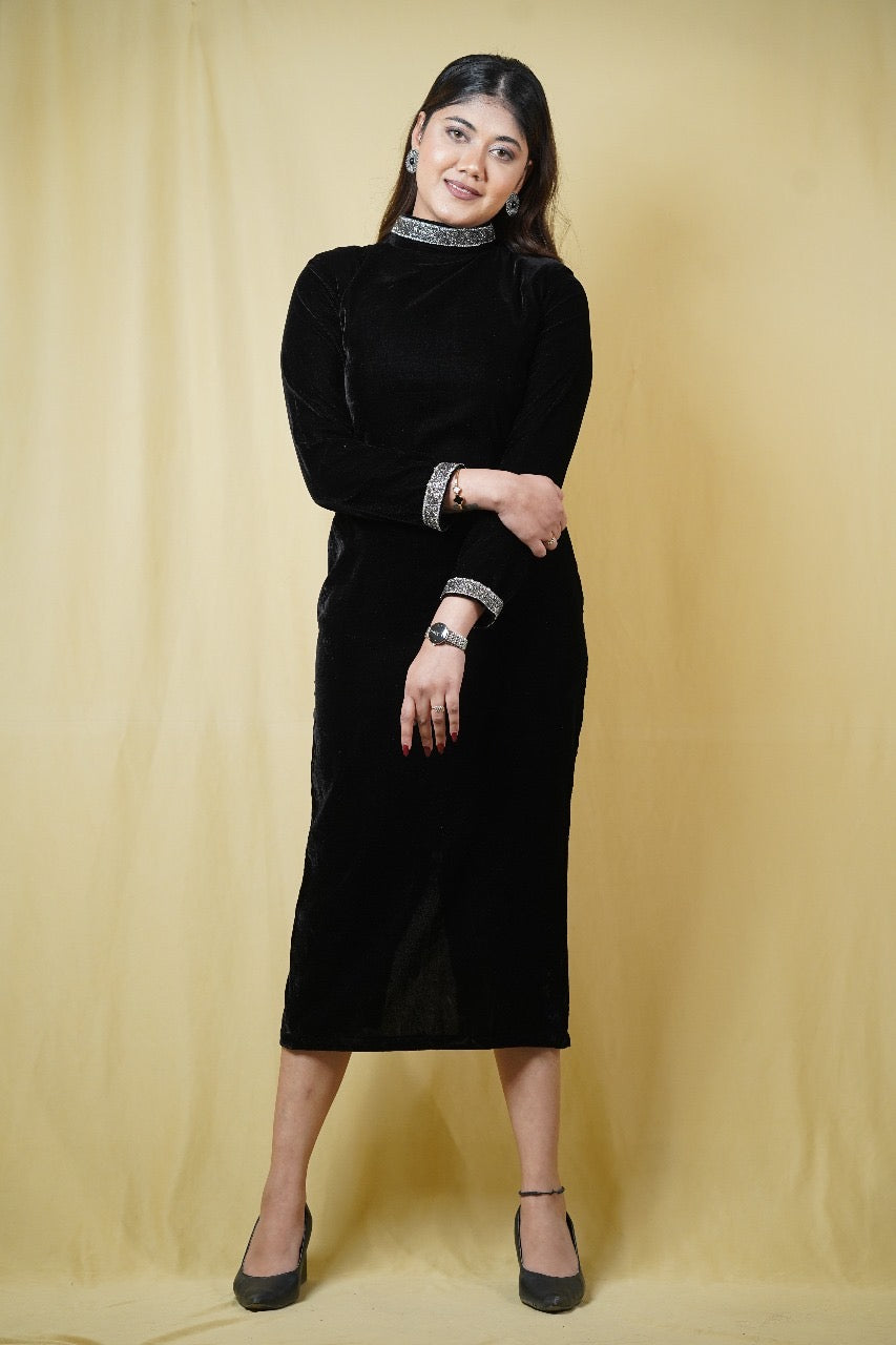 Velvet Black Dress with Elegant Detailing