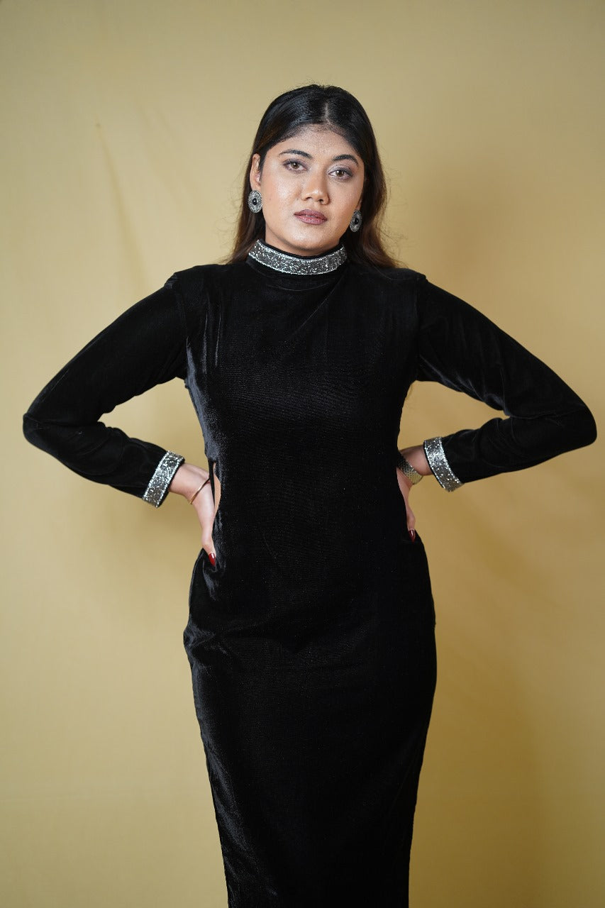 Velvet Black Dress with Elegant Detailing