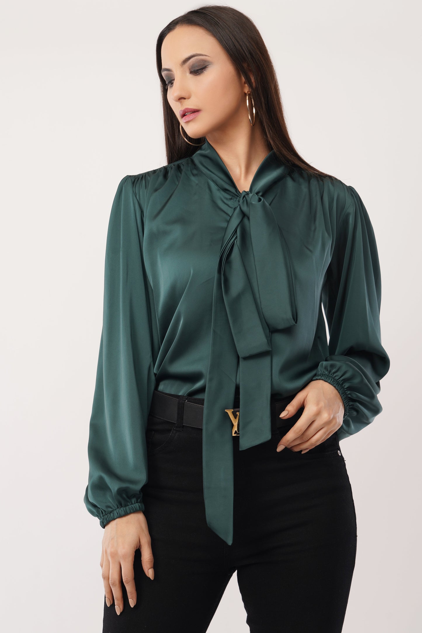 Emerald Elegance Bow-Tie Blouse
