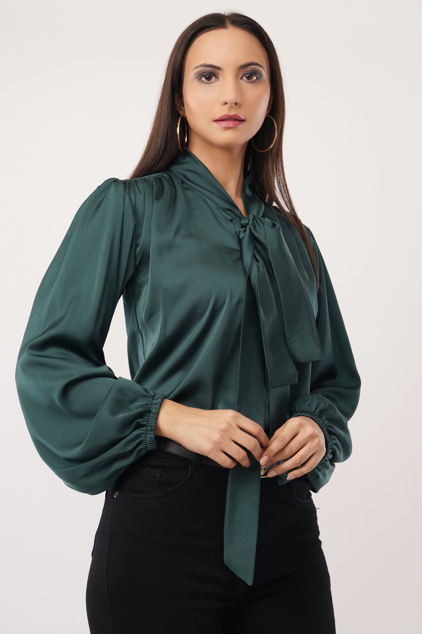 Emerald Elegance Bow-Tie Blouse