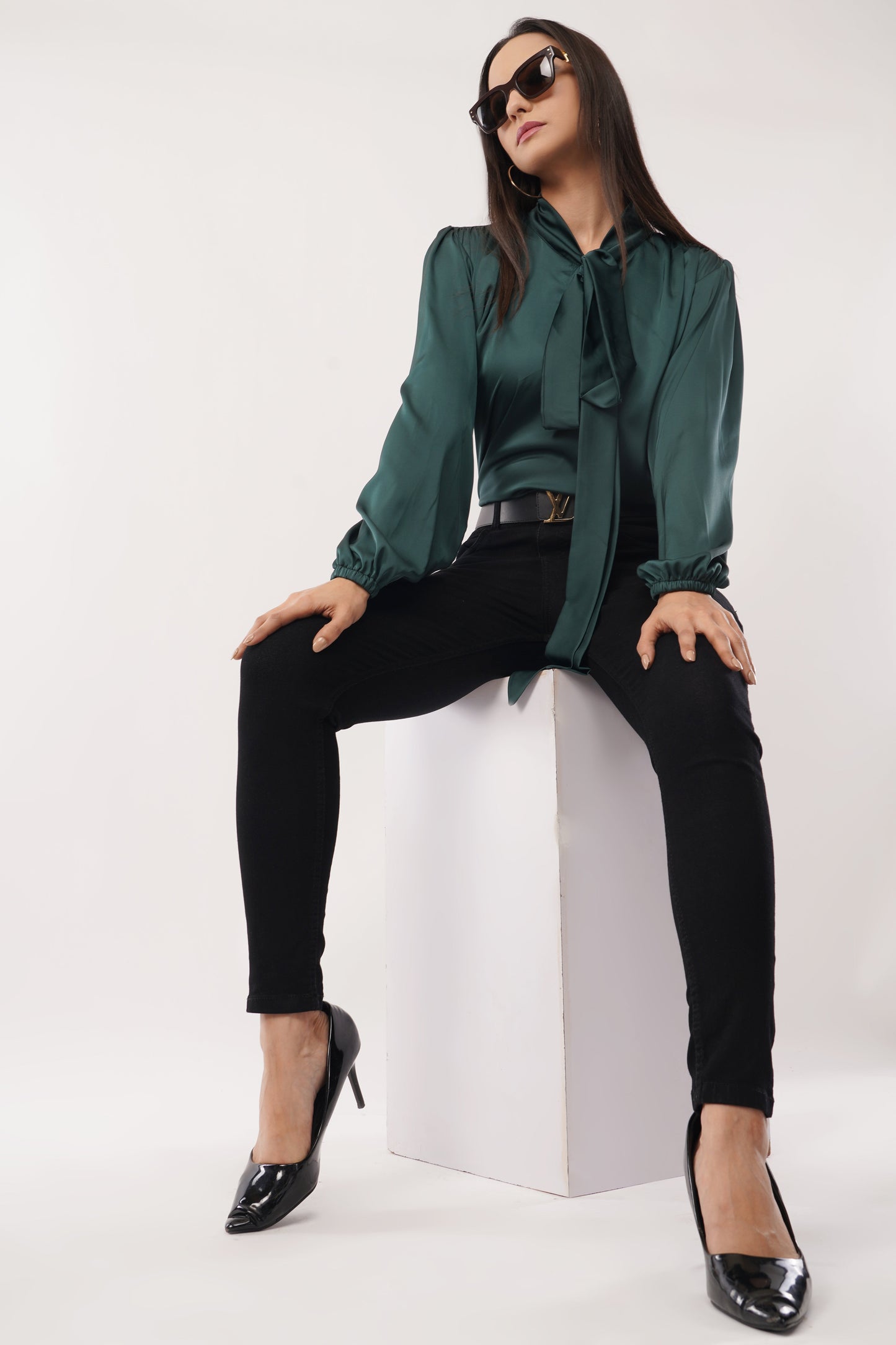 Emerald Elegance Bow-Tie Blouse
