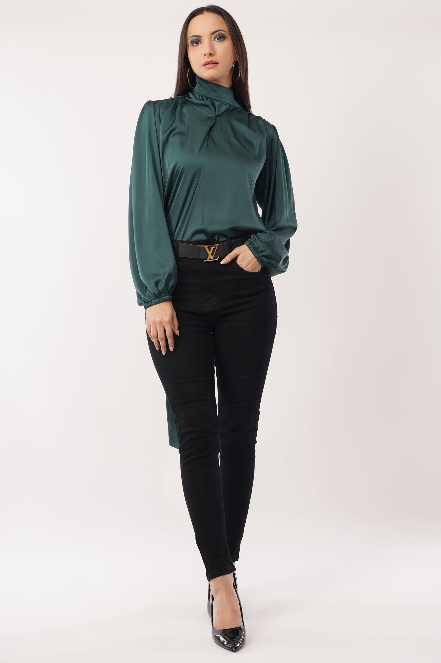 Emerald Elegance Bow-Tie Blouse
