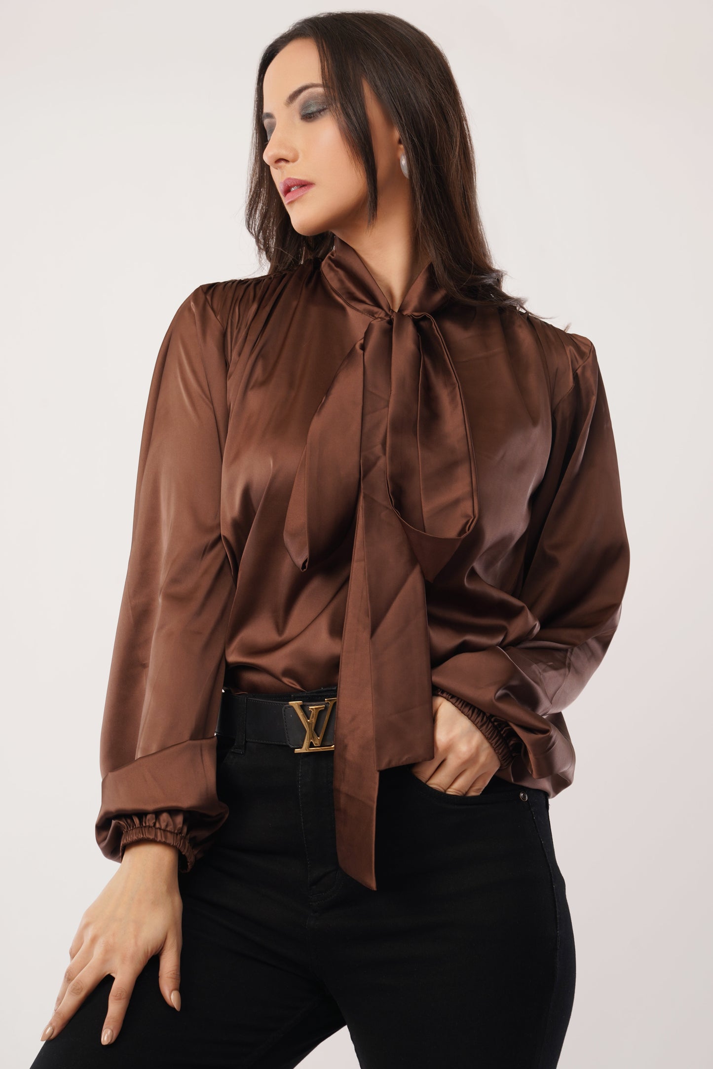 Cocoa Elegance Tie-Up Blouse
