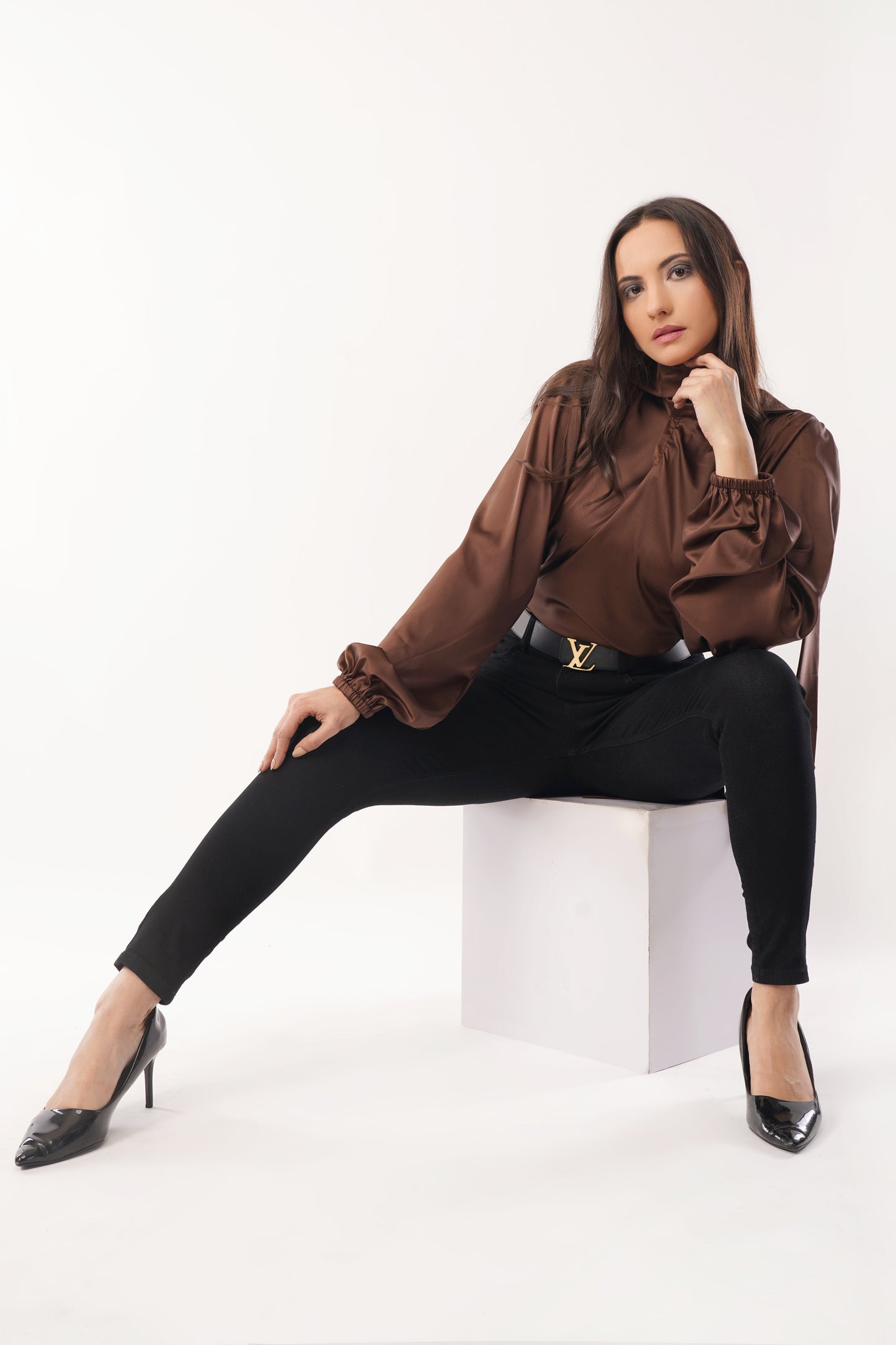 Cocoa Elegance Tie-Up Blouse