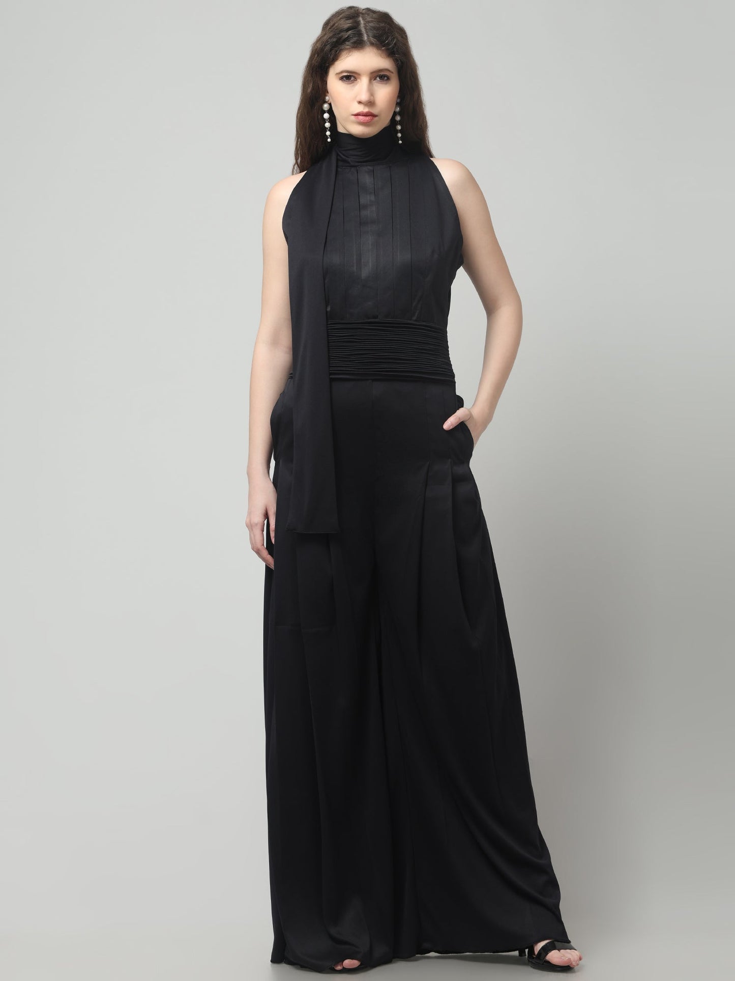 Noir Pleated High-Neck Jumpsuit