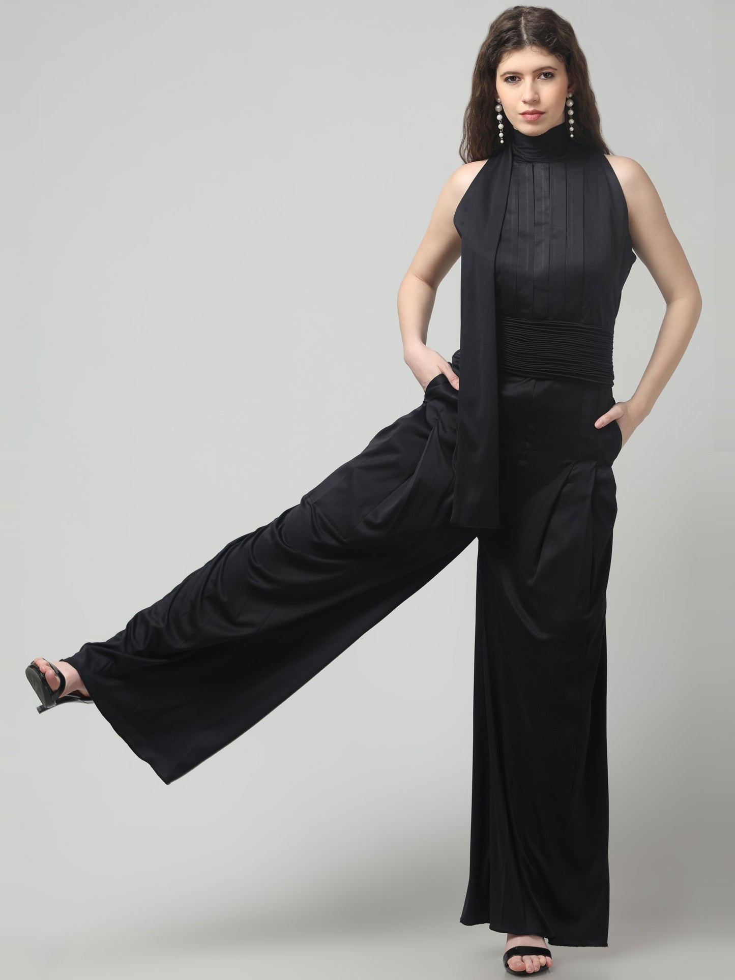 Noir Pleated High-Neck Jumpsuit