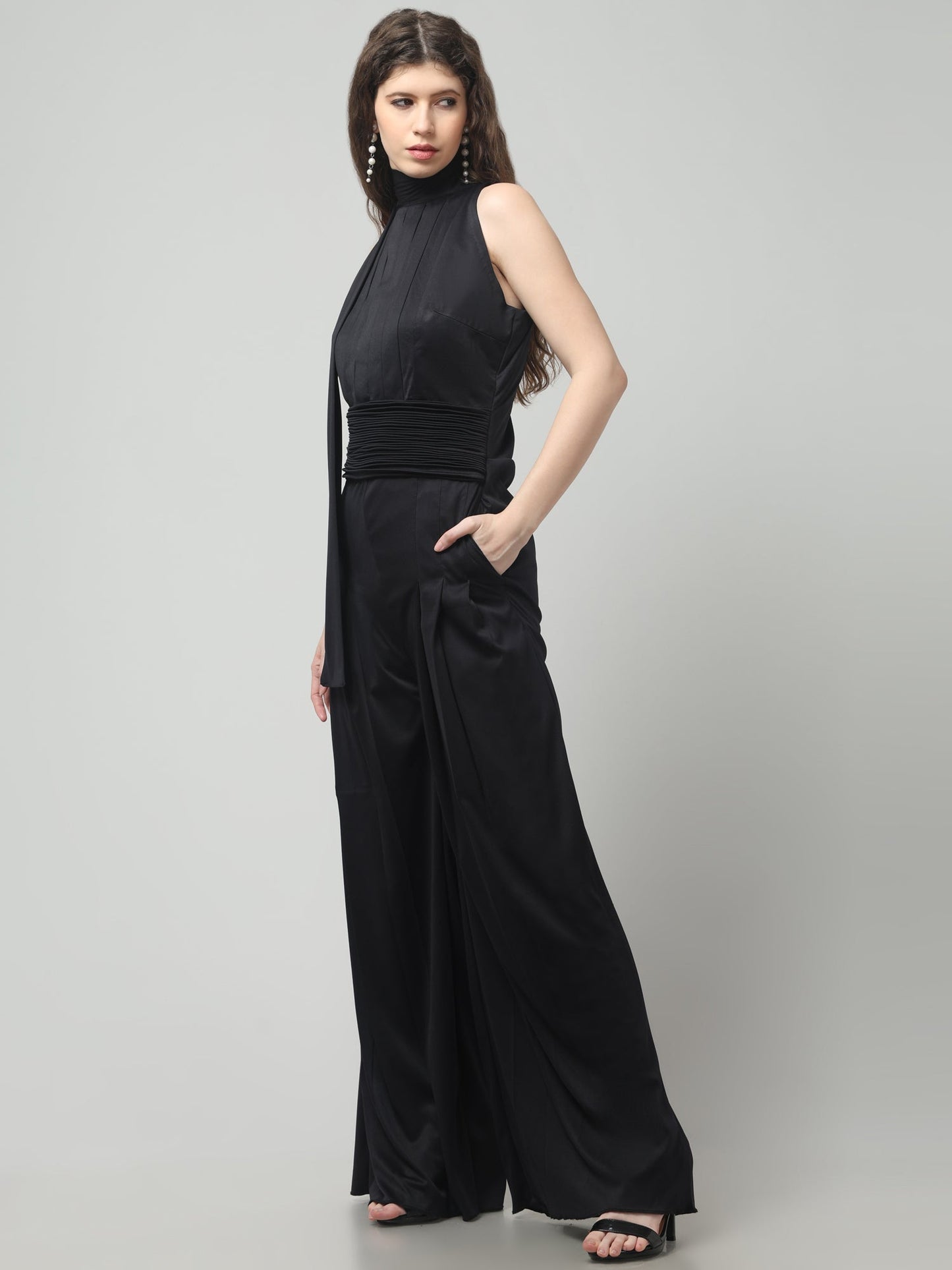 Noir Pleated High-Neck Jumpsuit