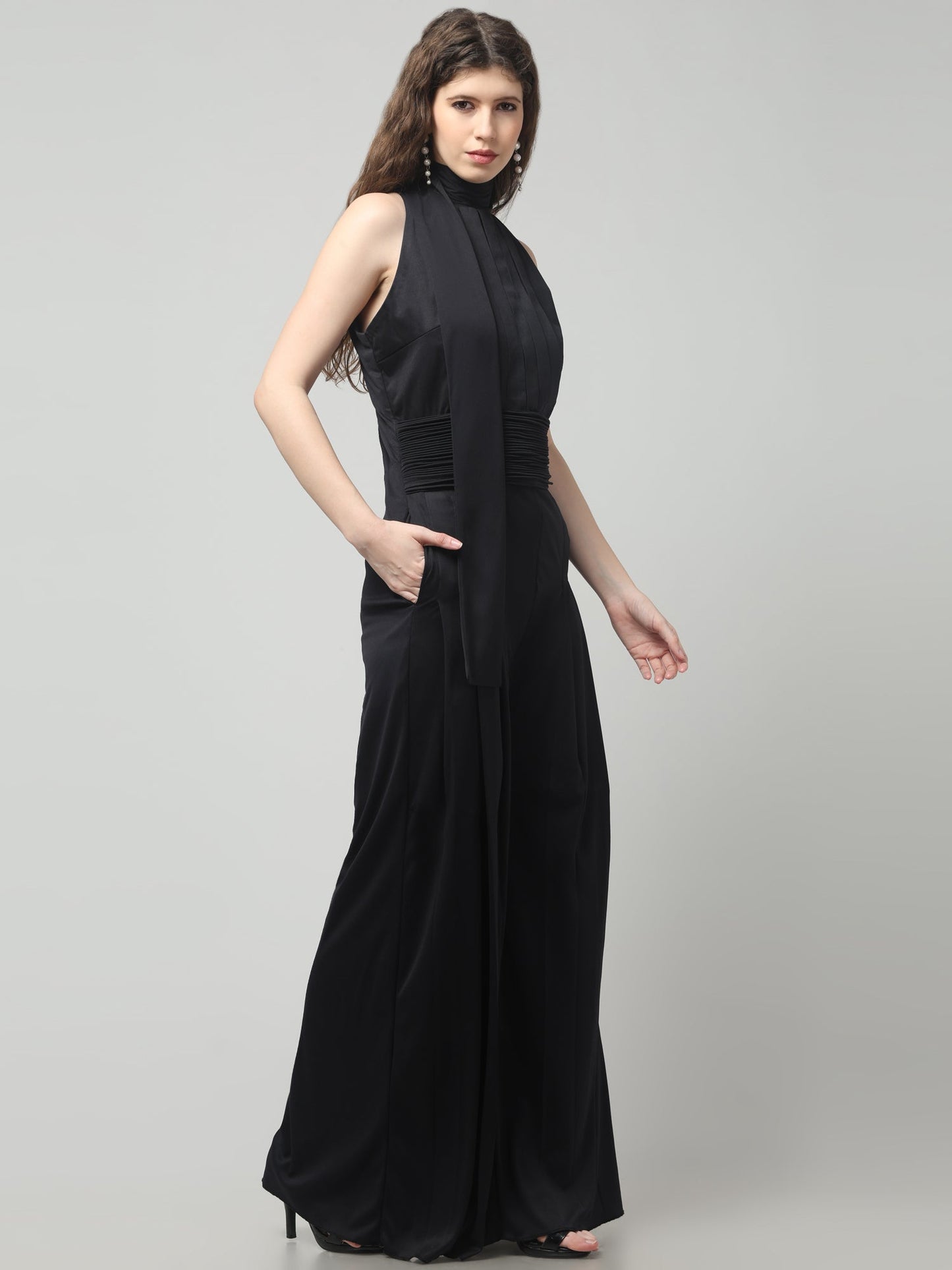 Noir Pleated High-Neck Jumpsuit