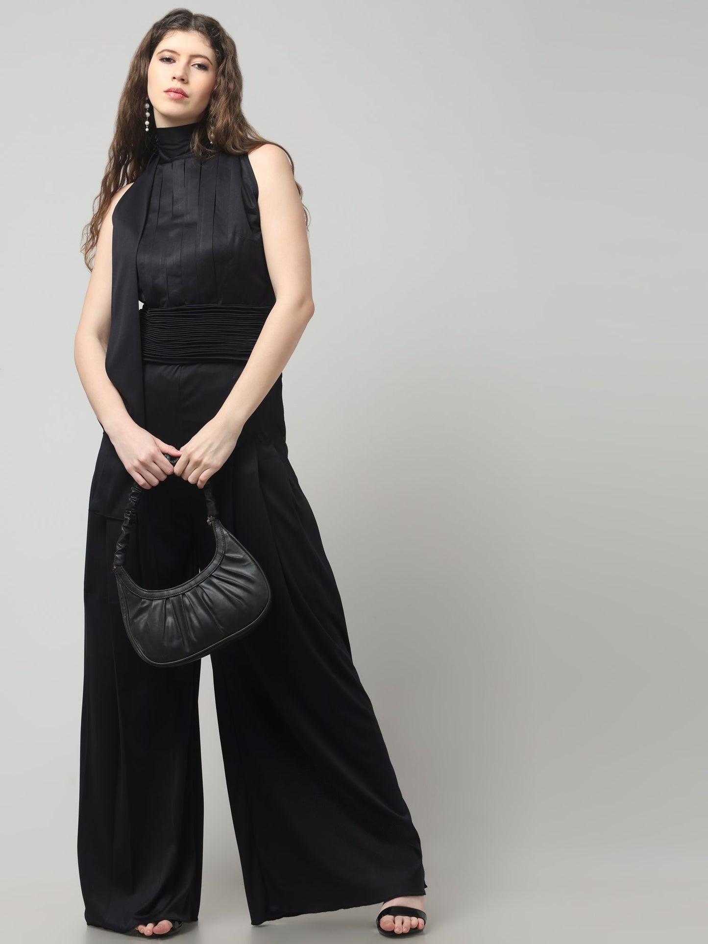 Noir Pleated High-Neck Jumpsuit