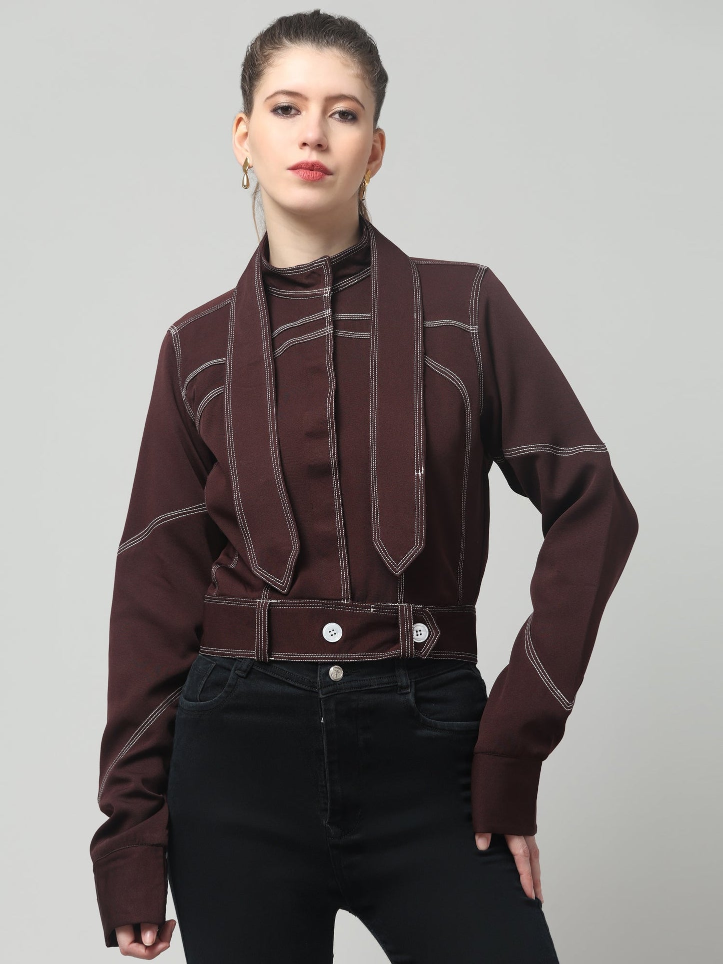Wine Stitch Detail Belted Jacket