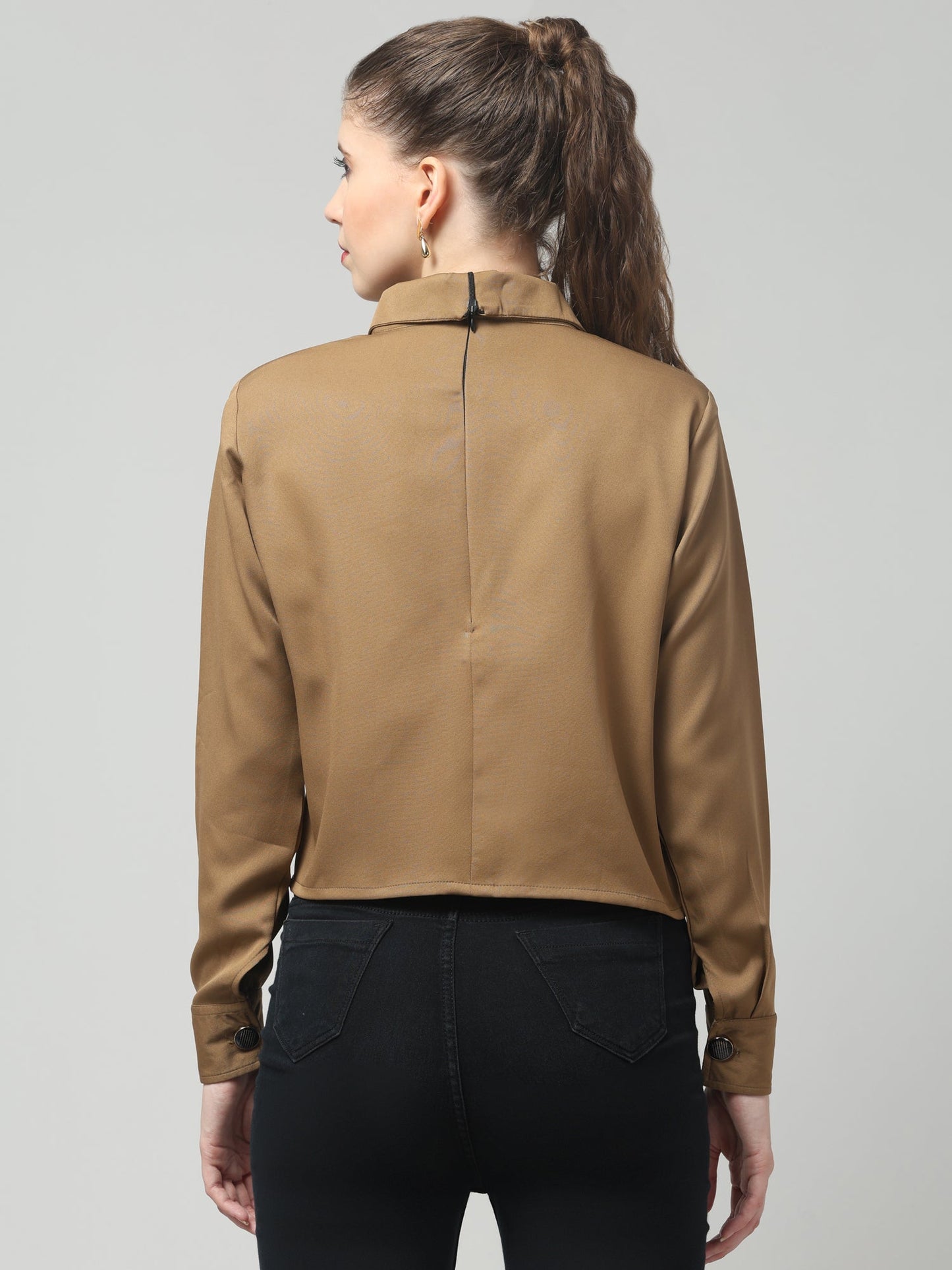 Camel Knot-Neck Structured Shirt