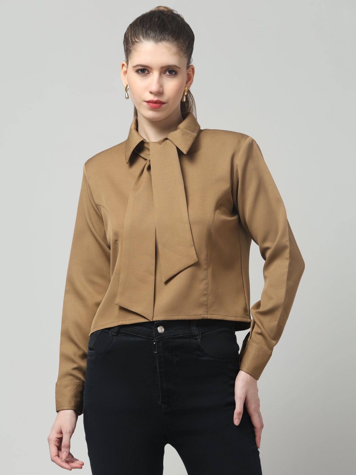Camel Knot-Neck Structured Shirt
