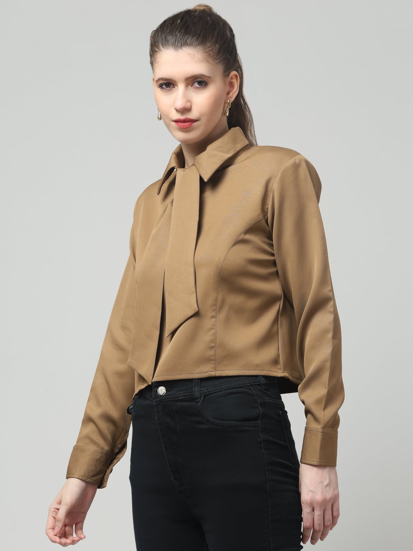 Camel Knot-Neck Structured Shirt