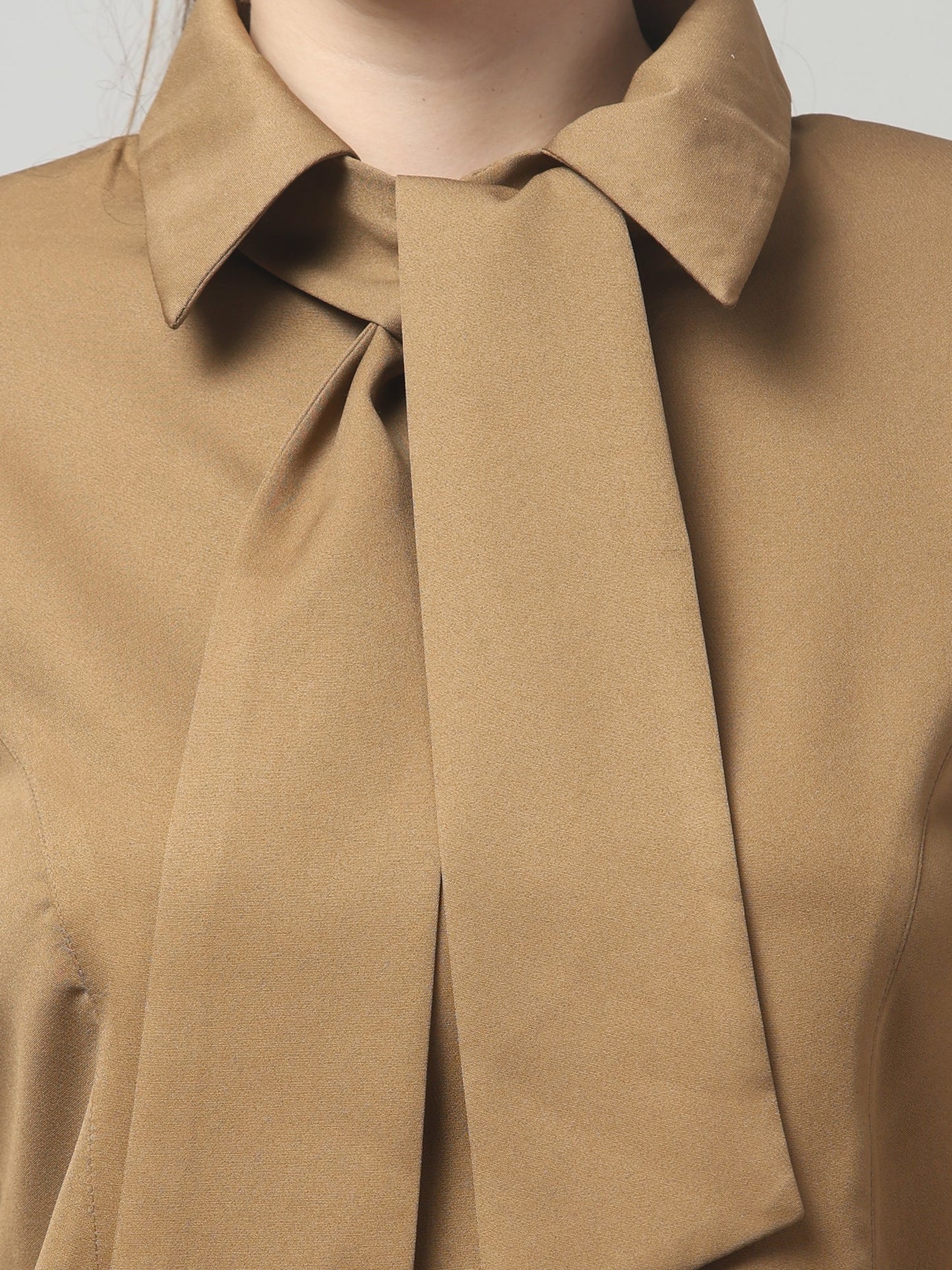 Camel Knot-Neck Structured Shirt