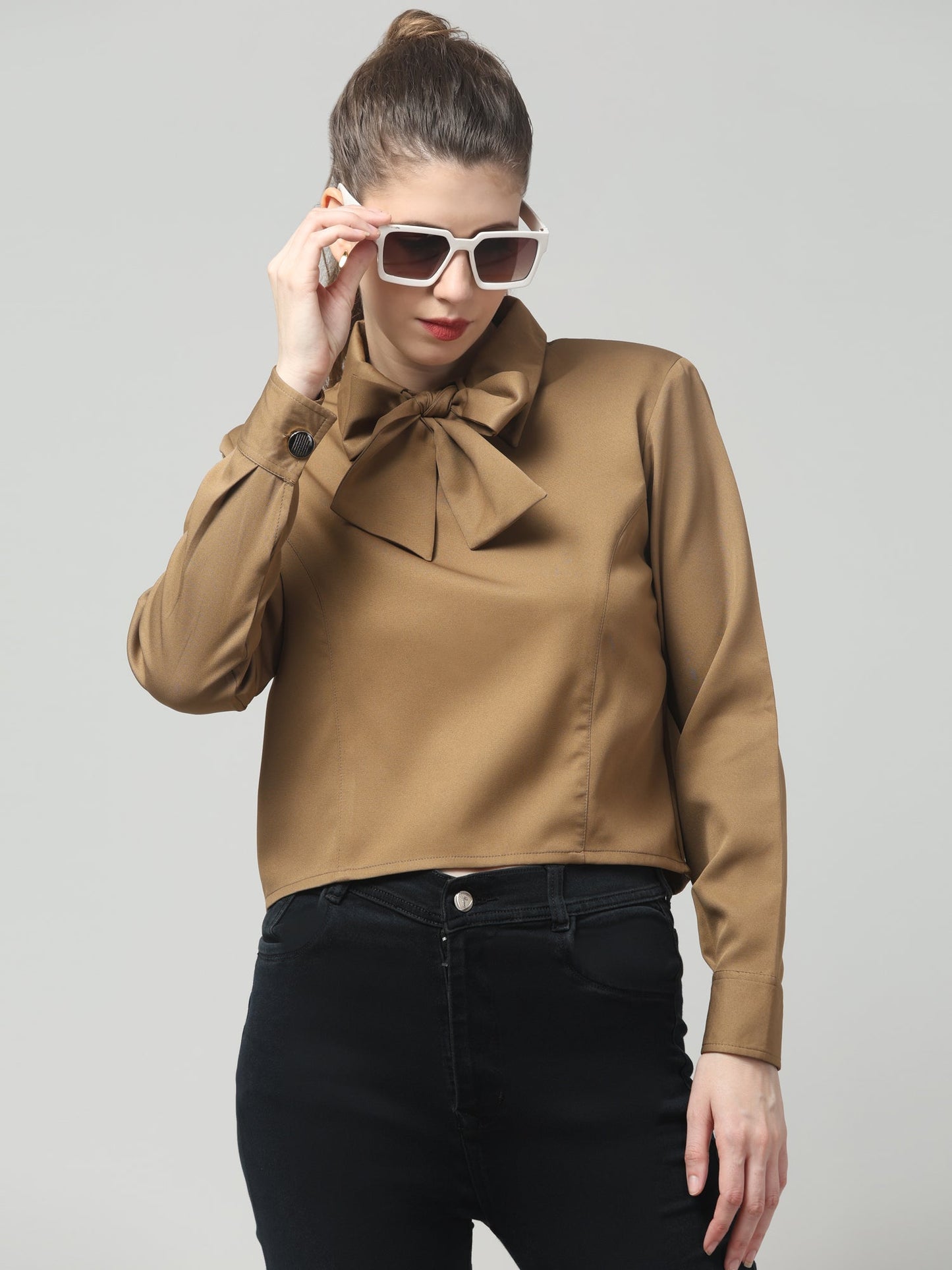 Camel Knot-Neck Structured Shirt
