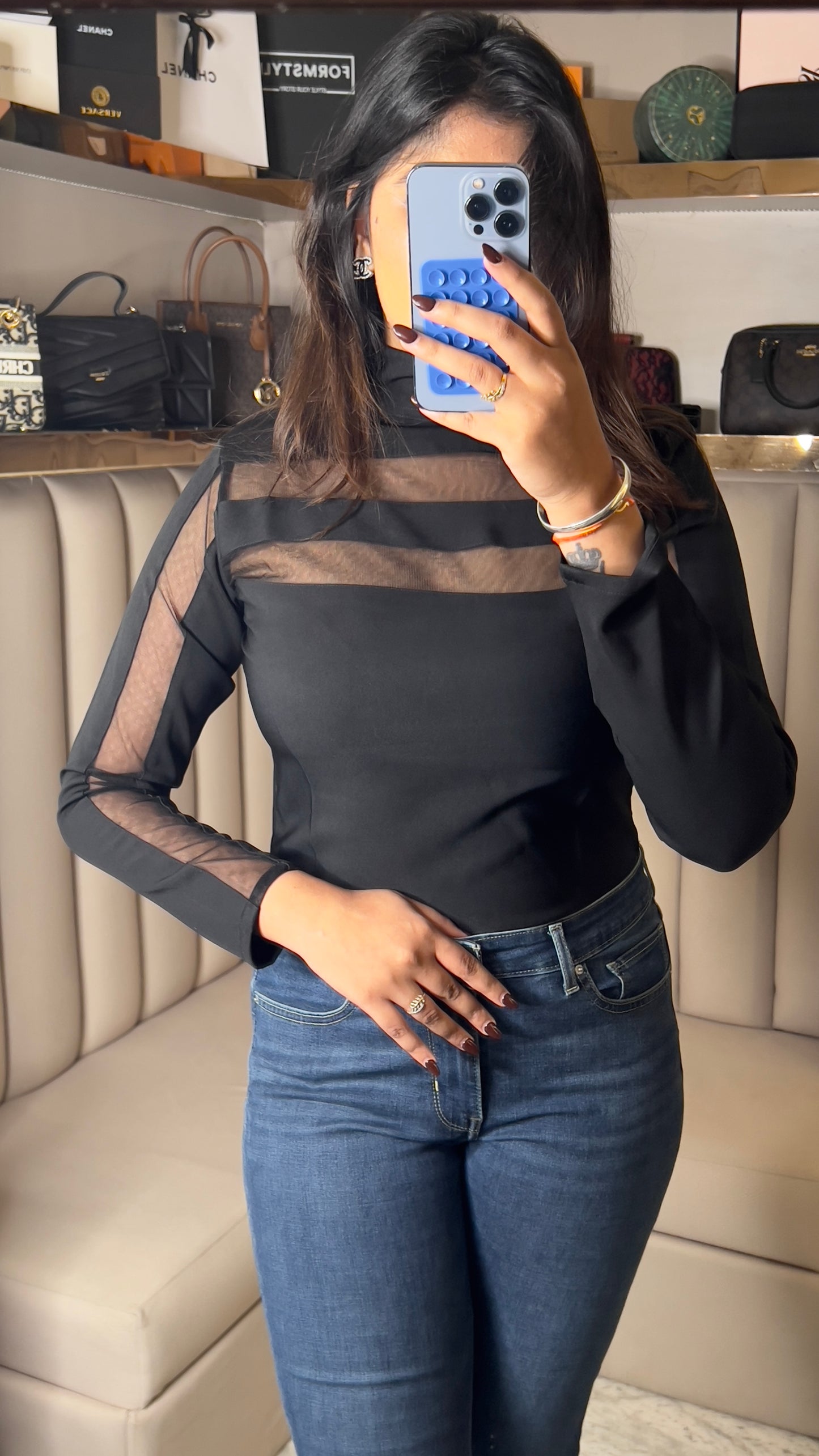 Sheer Panel Black Mesh Top