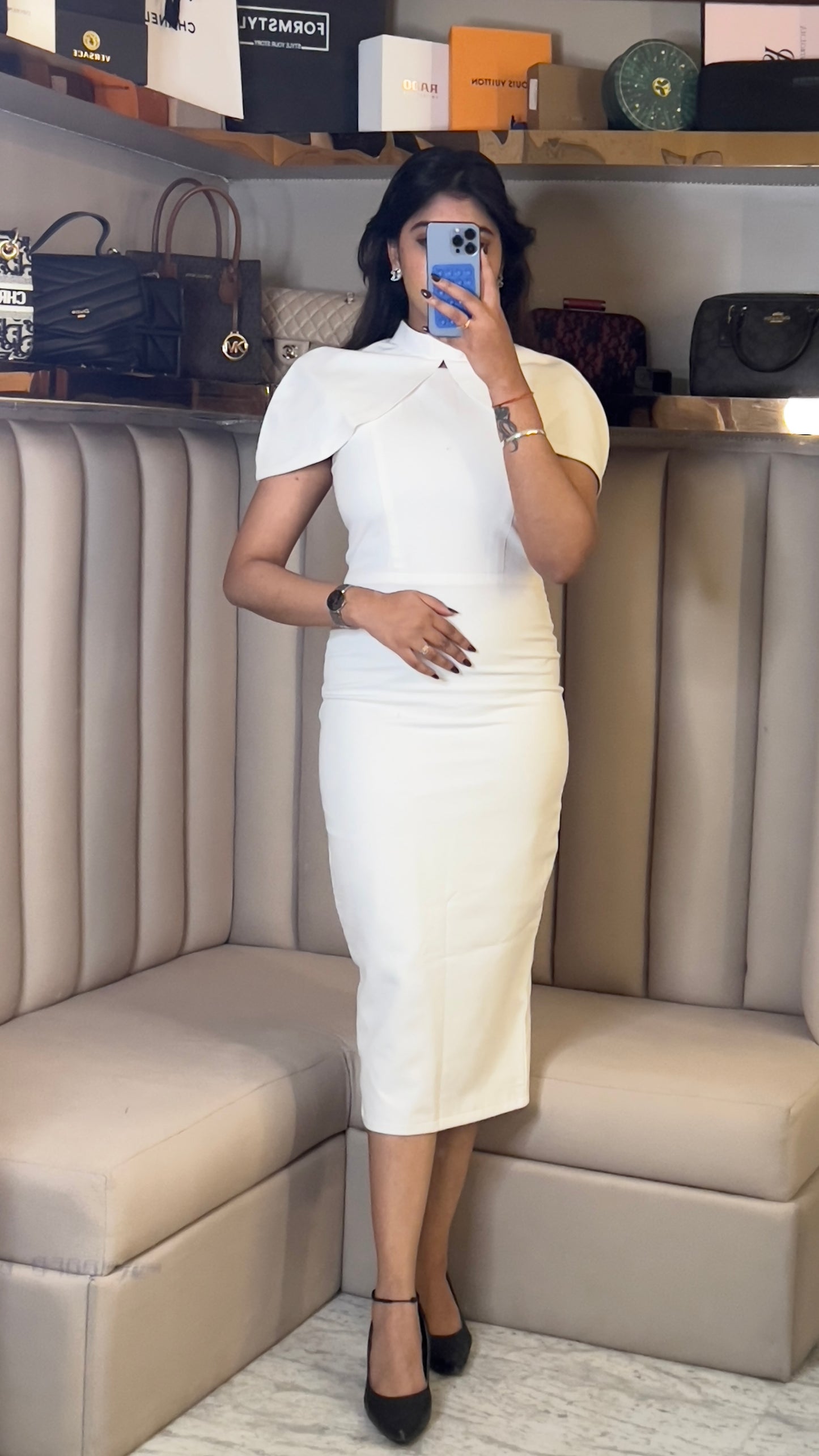 Structured Cape-Sleeve Midi Dress