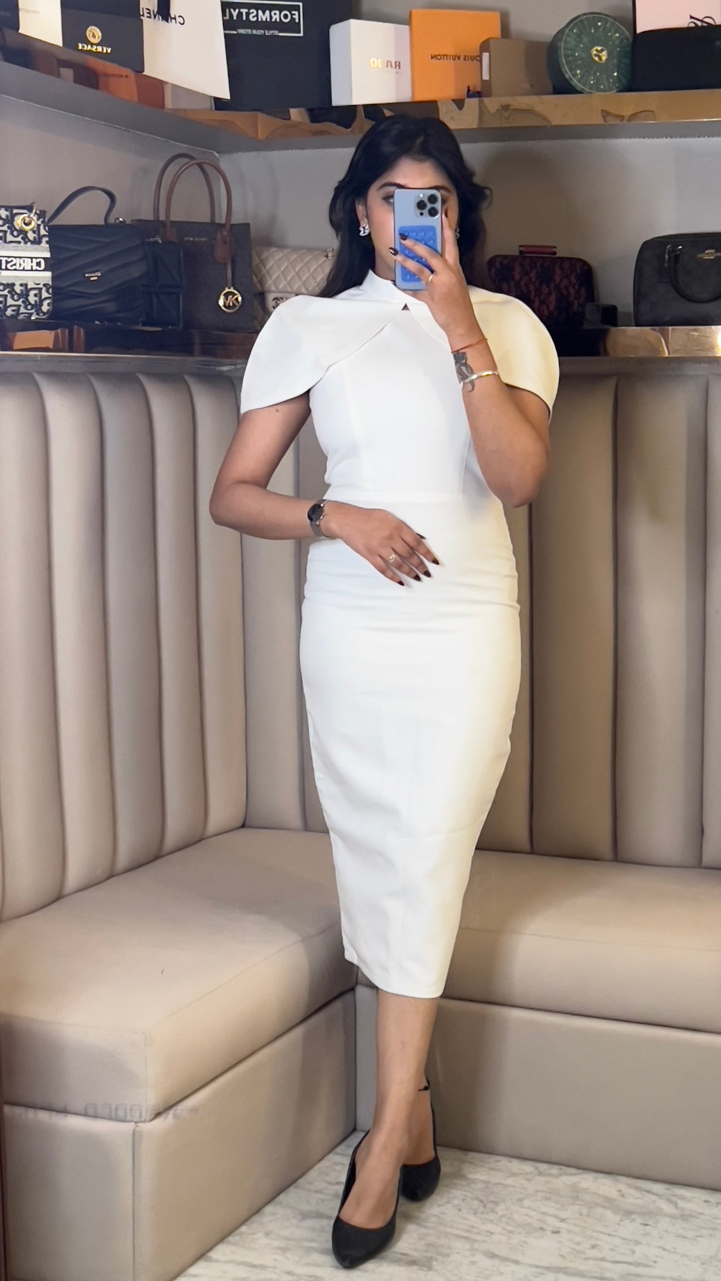 Structured Cape-Sleeve Midi Dress
