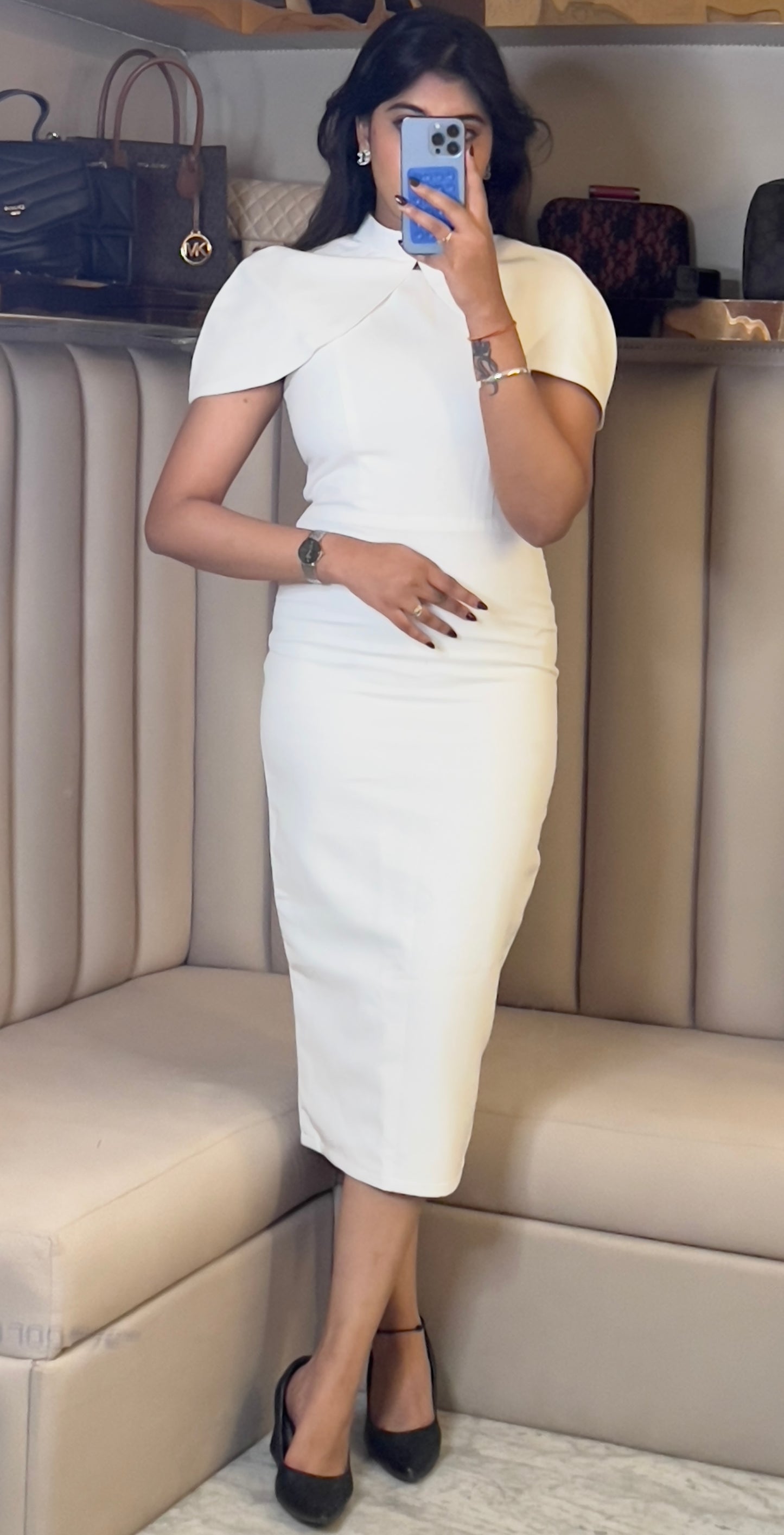 Structured Cape-Sleeve Midi Dress