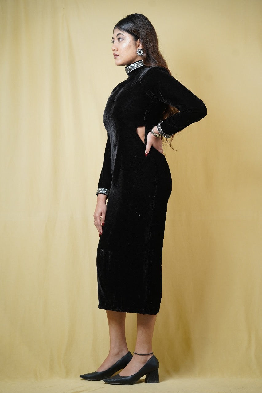 Velvet Black Dress with Elegant Detailing