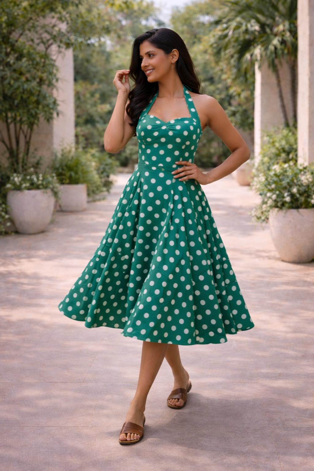green polka dot halter dress Sleeveless woven polka dot print halter maxi dress with lining and poc Ivy and Pearl Boutique