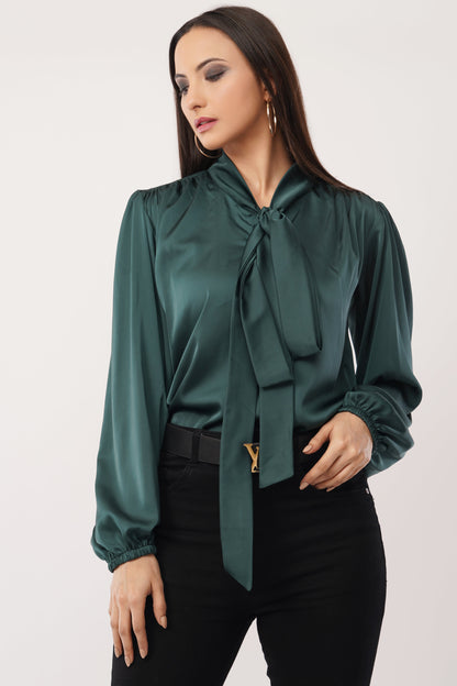 Emerald Elegance Bow-Tie Blouse
