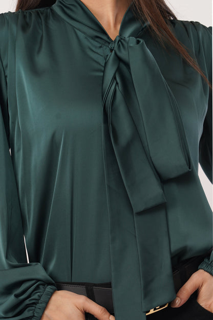 Emerald Elegance Bow-Tie Blouse