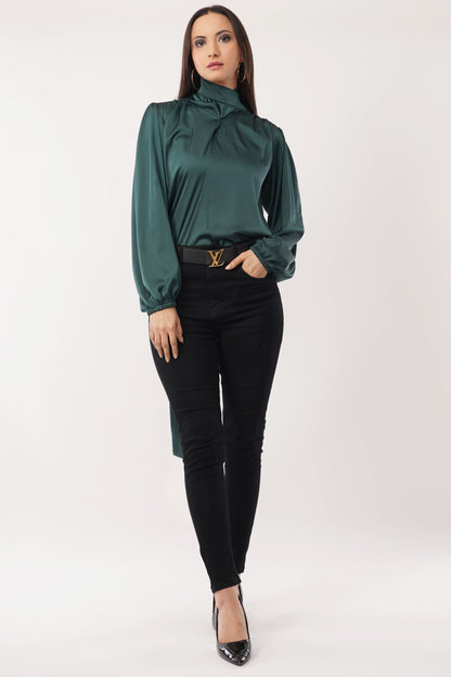 Emerald Elegance Bow-Tie Blouse
