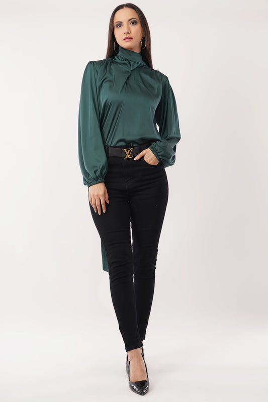 Emerald Elegance Bow-Tie Blouse