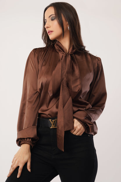 Cocoa Elegance Tie-Up Blouse