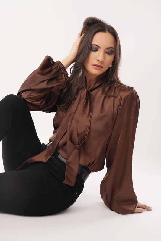 Cocoa Elegance Tie-Up Blouse