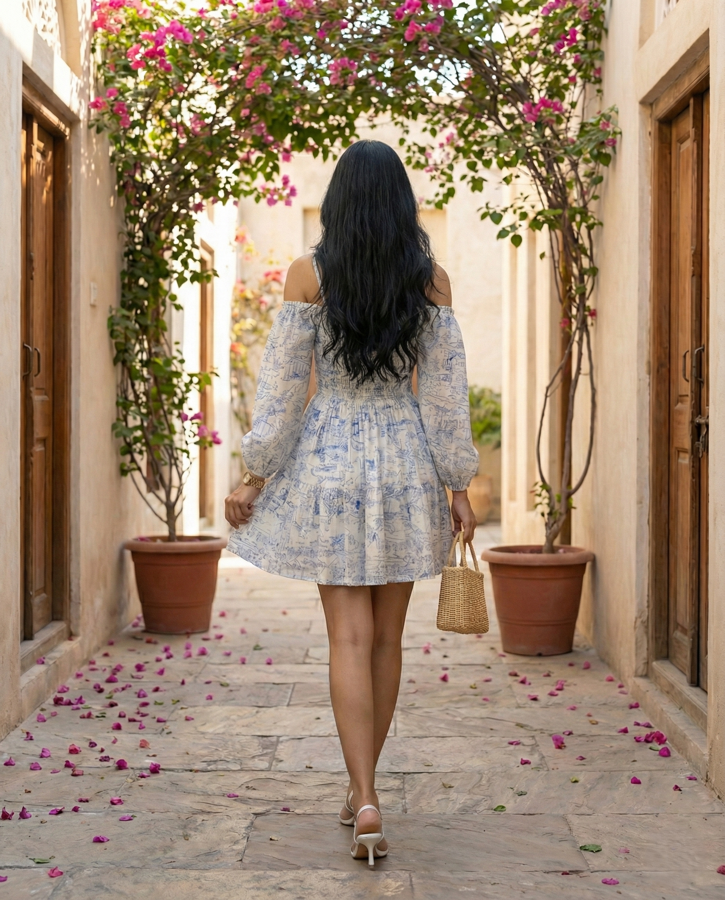 Ivory Sketch Print Off-Shoulder Dress