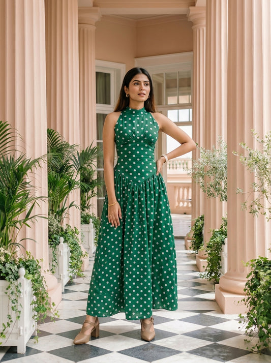Emerald Polka Dot Halter Neck Midi Dress