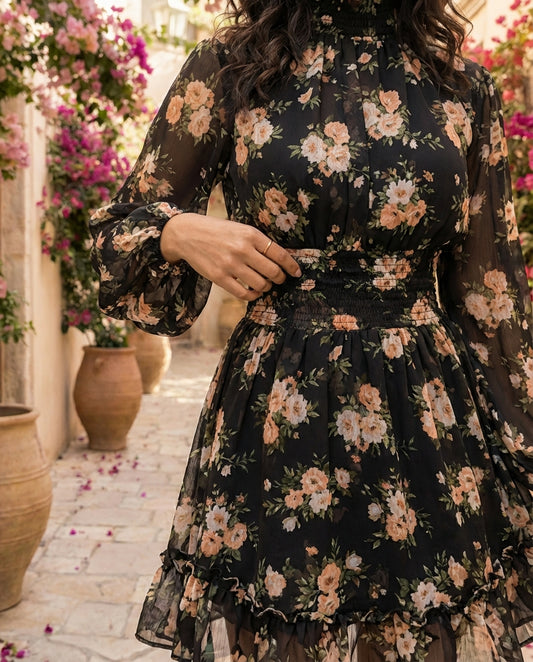 Midnight Garden Floral Chiffon Dress