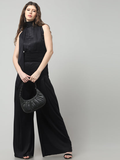 Noir Pleated High-Neck Jumpsuit