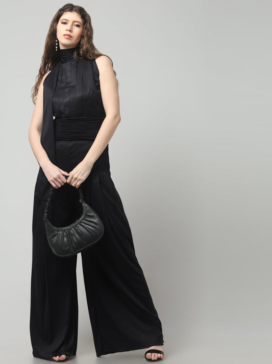 Noir Pleated High-Neck Jumpsuit