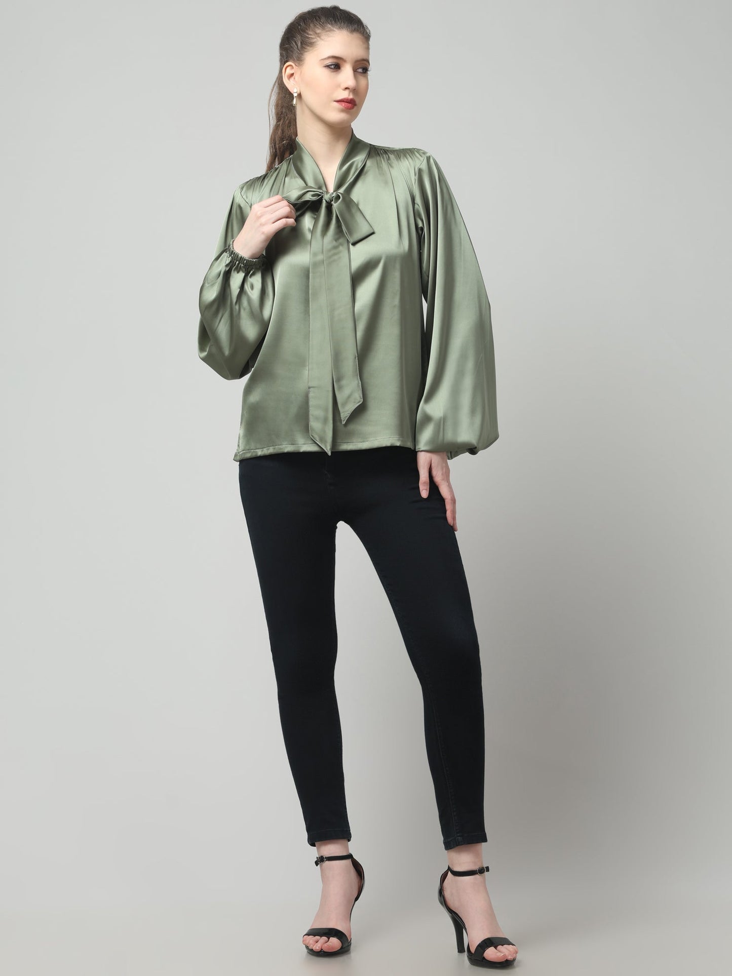 Olive Luxe Satin Bow Top