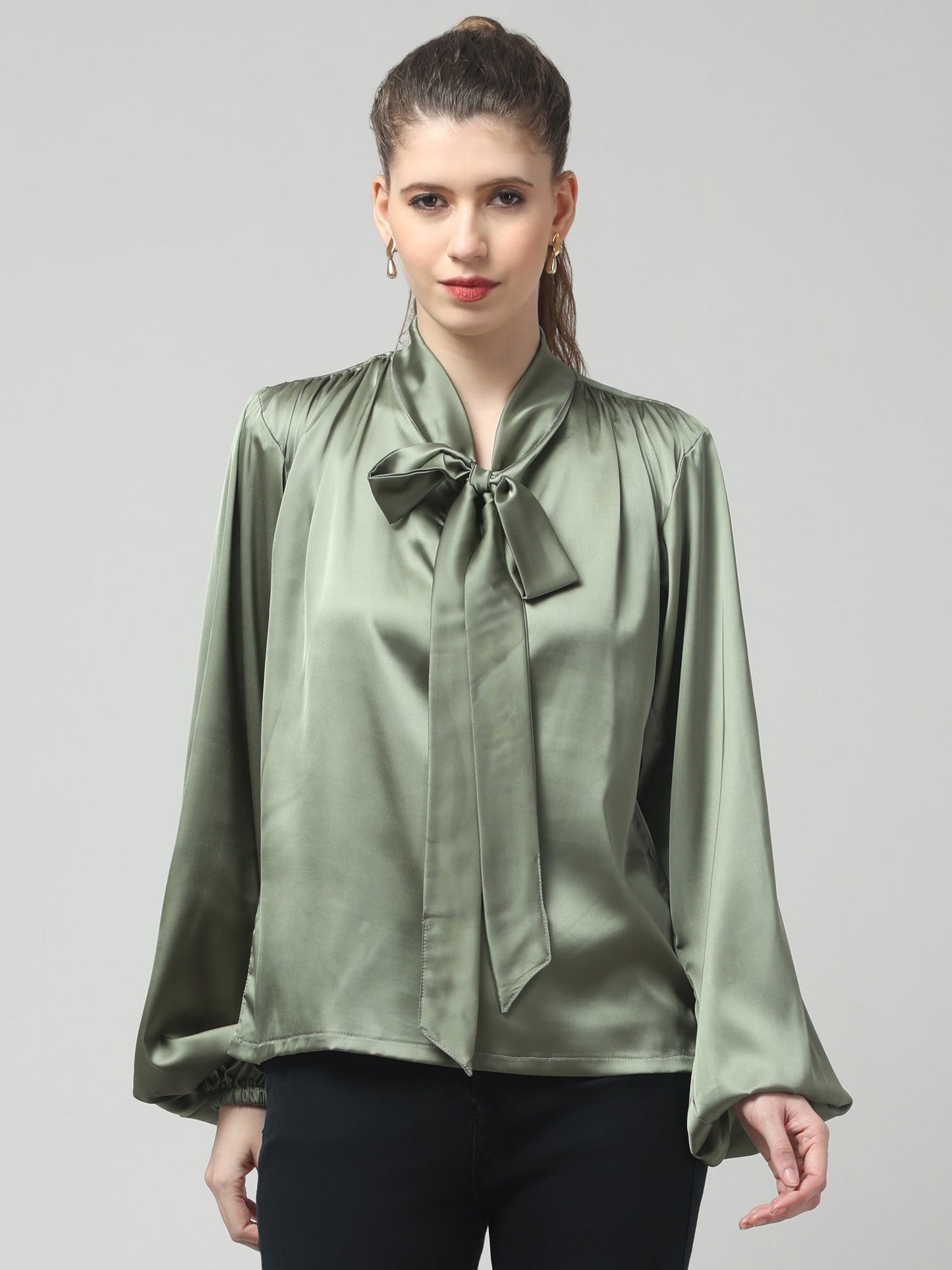 Olive Luxe Satin Bow Top
