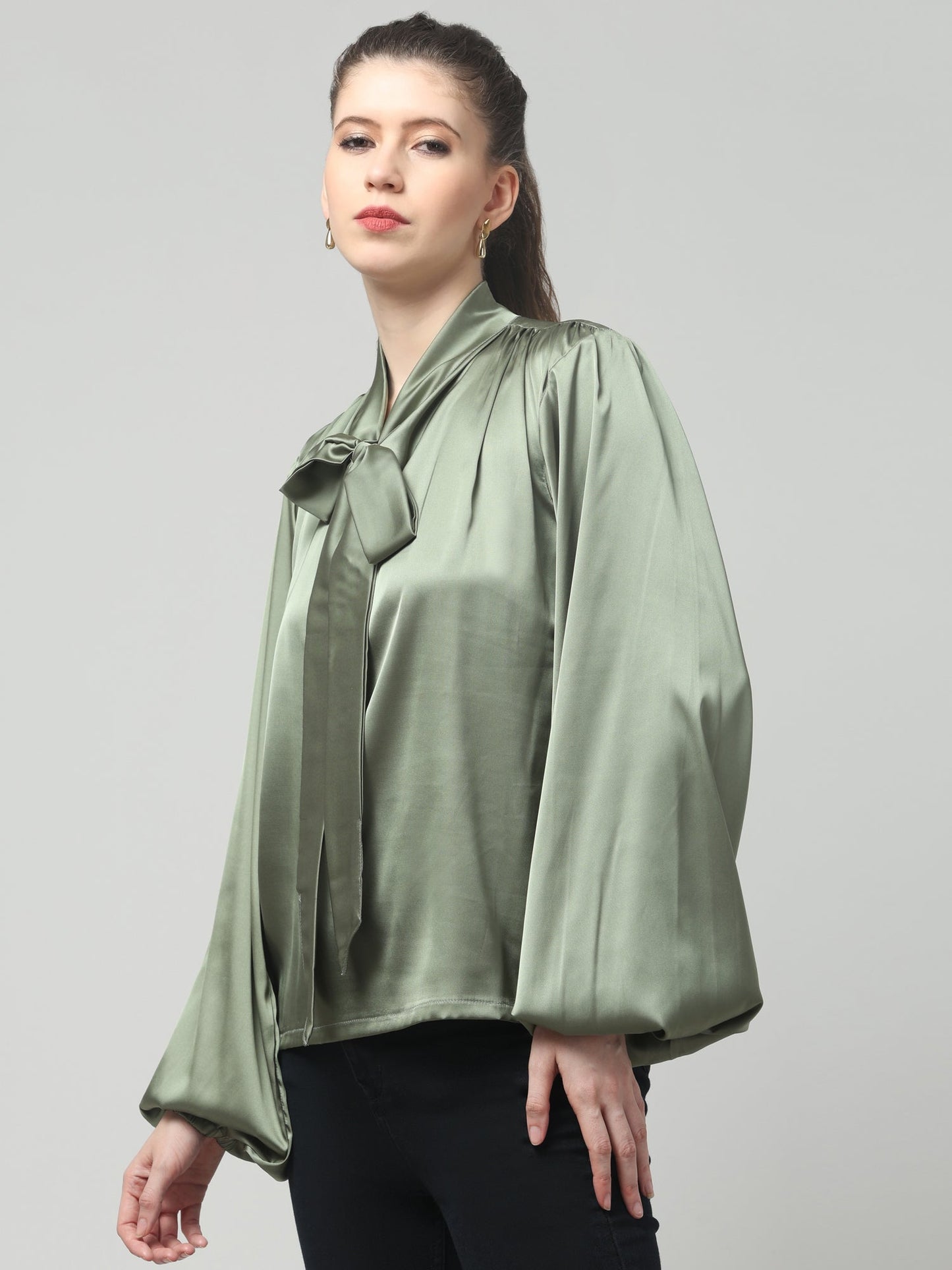 Olive Luxe Satin Bow Top
