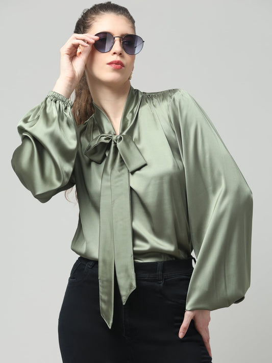 Olive Luxe Satin Bow Top