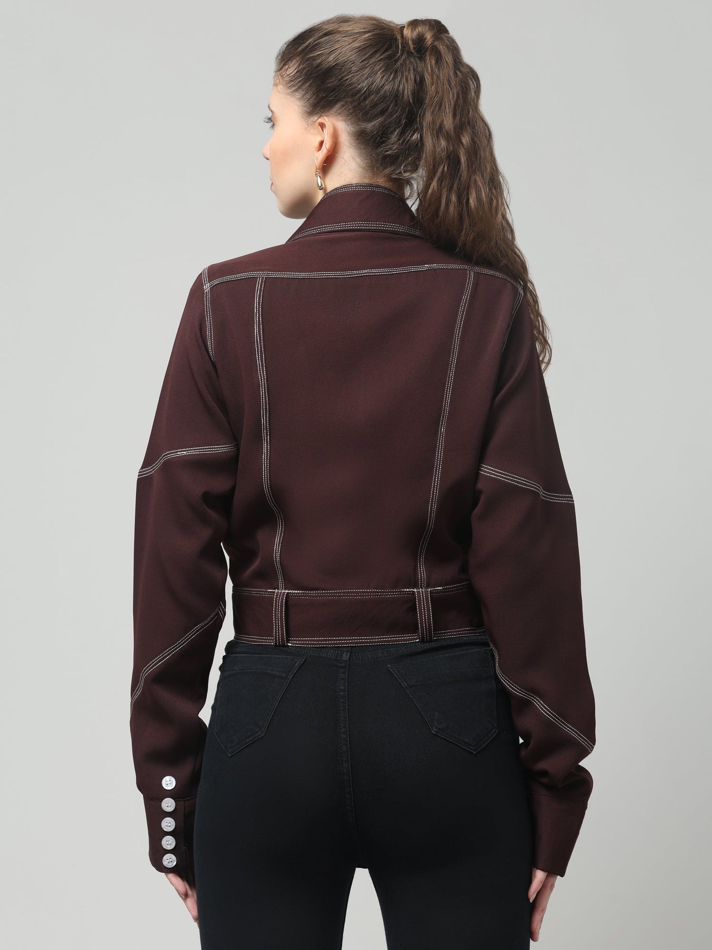 Wine Stitch Detail Belted Jacket