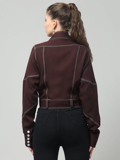 Wine Stitch Detail Belted Jacket