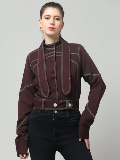 Wine Stitch Detail Belted Jacket