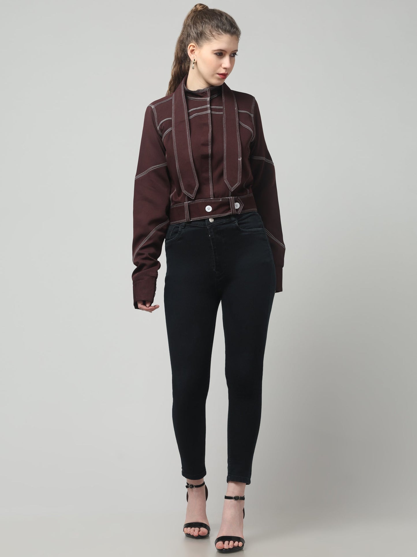 Wine Stitch Detail Belted Jacket