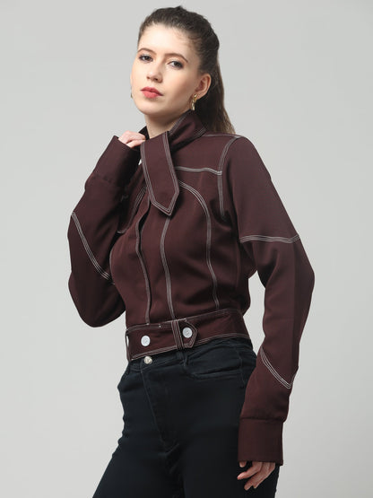 Wine Stitch Detail Belted Jacket
