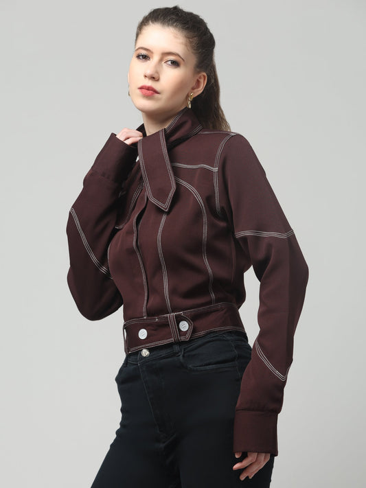 Wine Stitch Detail Belted Jacket