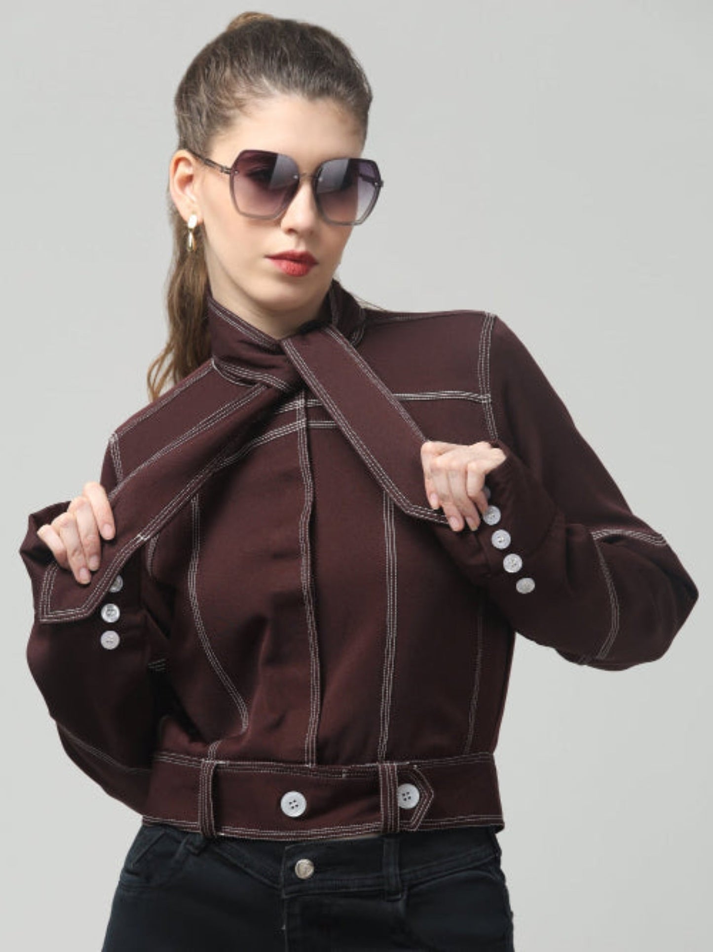Wine Stitch Detail Belted Jacket