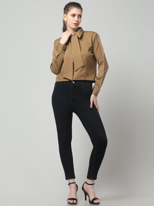 Camel Knot-Neck Structured Shirt