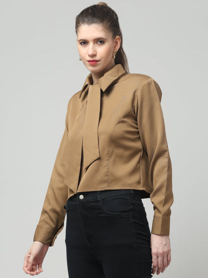 Camel Knot-Neck Structured Shirt