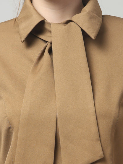 Camel Knot-Neck Structured Shirt